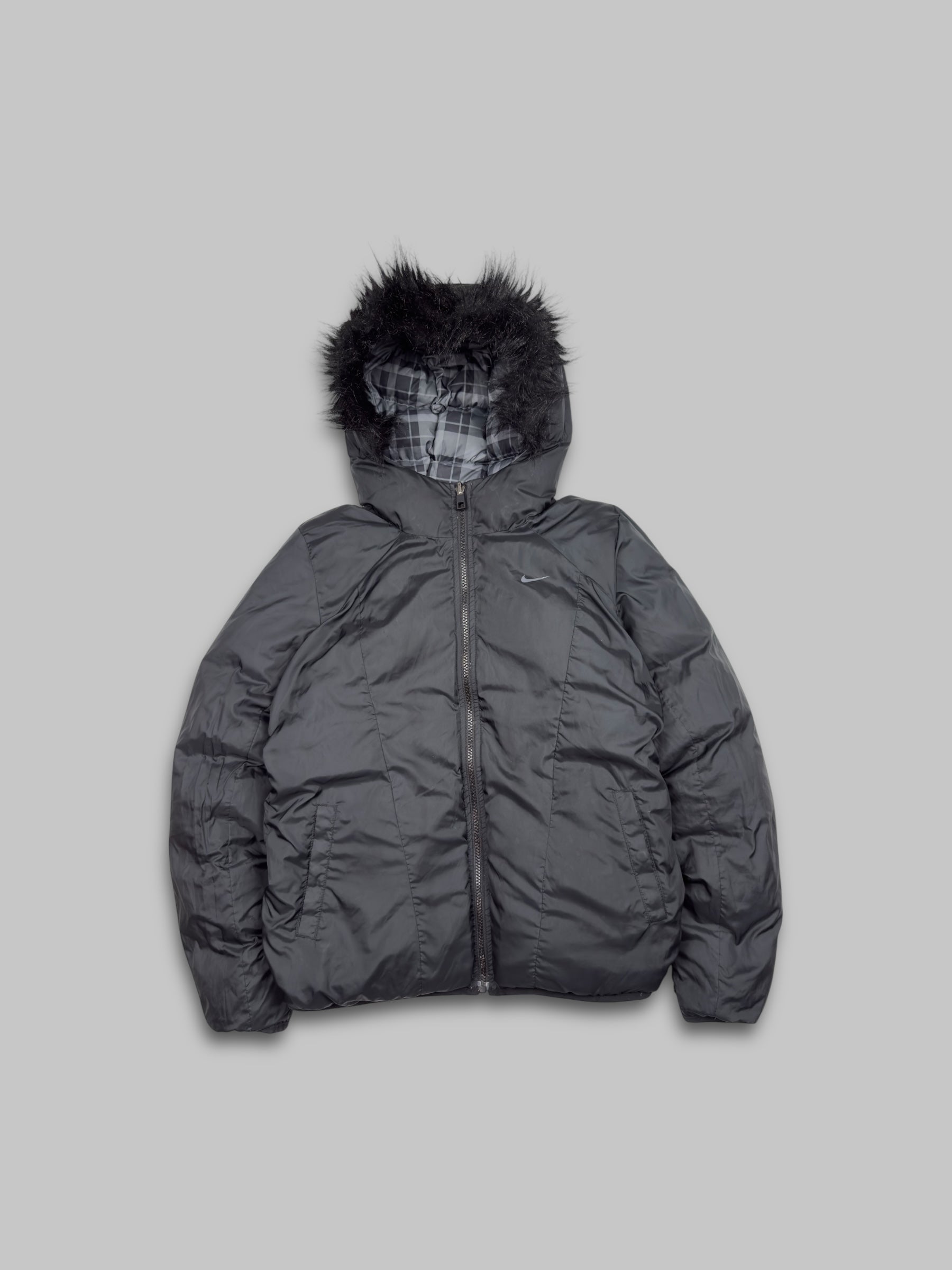 Vintage 2000s Nike Plaid Fur Hood Reversible Down Puffer Jacket